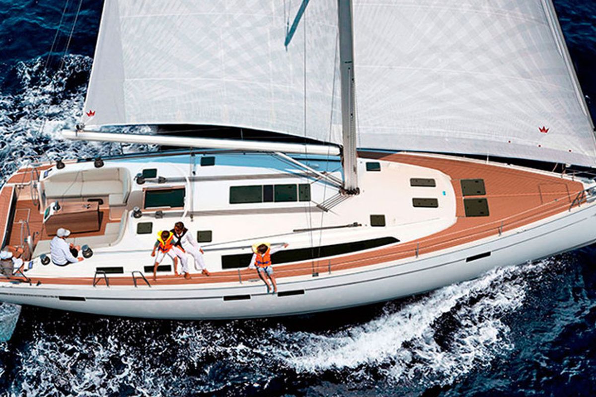 Exterior view of AF-B51C, a Bavaria Cruiser 51 sailboat at Municipal Unit of Lefkada, Greece