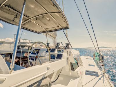 Cockpit of Dione II, a Fountaine Pajot Aura 51 catamaran at Municipal Unit of Lefkada, Greece