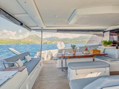 Deck of Dione II, a Fountaine Pajot Aura 51 catamaran at Municipal Unit of Lefkada, Greece