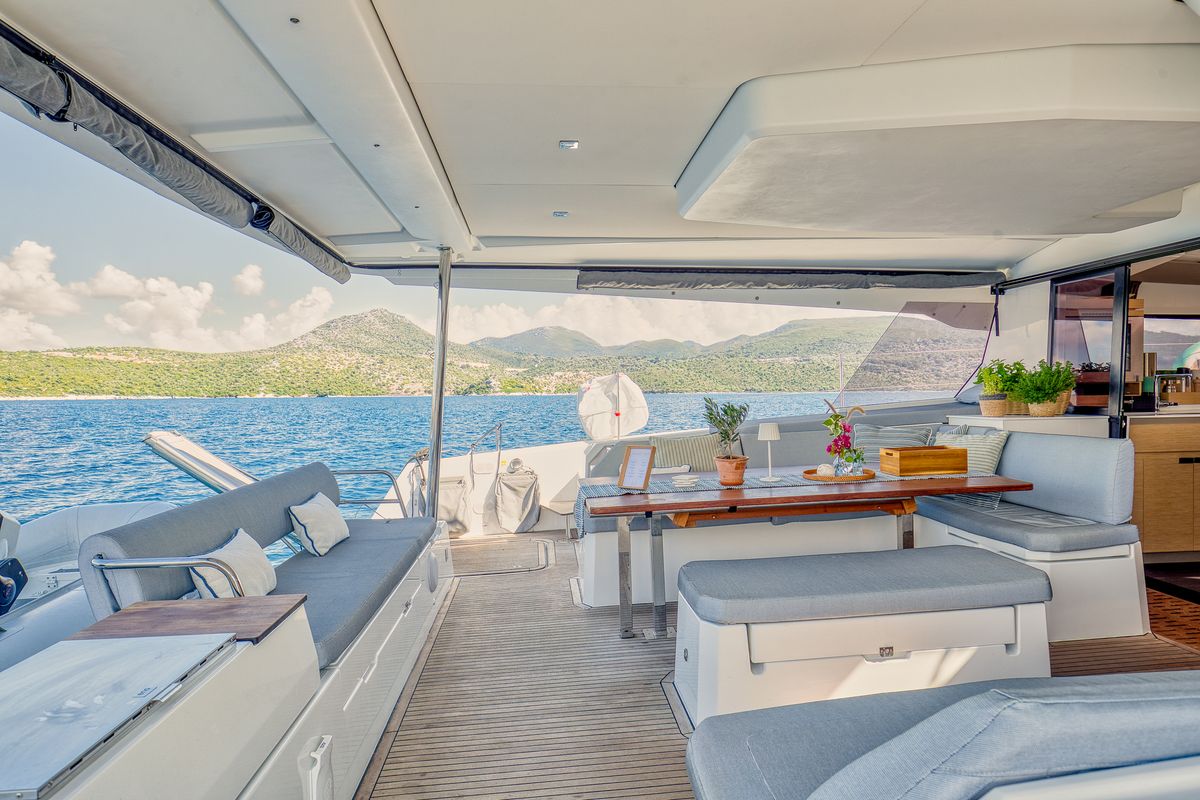 Deck of Dione II, a Fountaine Pajot Aura 51 catamaran at Municipal Unit of Lefkada, Greece