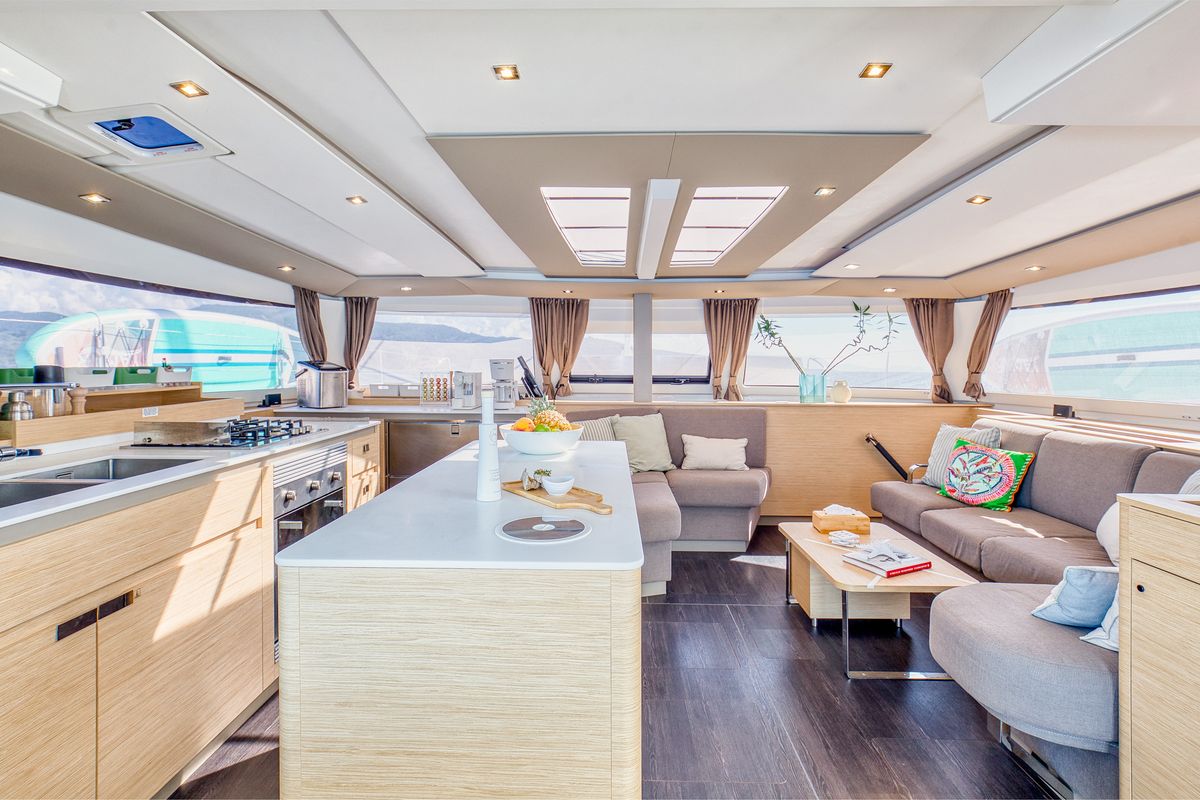 Salon of Dione II, a Fountaine Pajot Aura 51 catamaran at Municipal Unit of Lefkada, Greece
