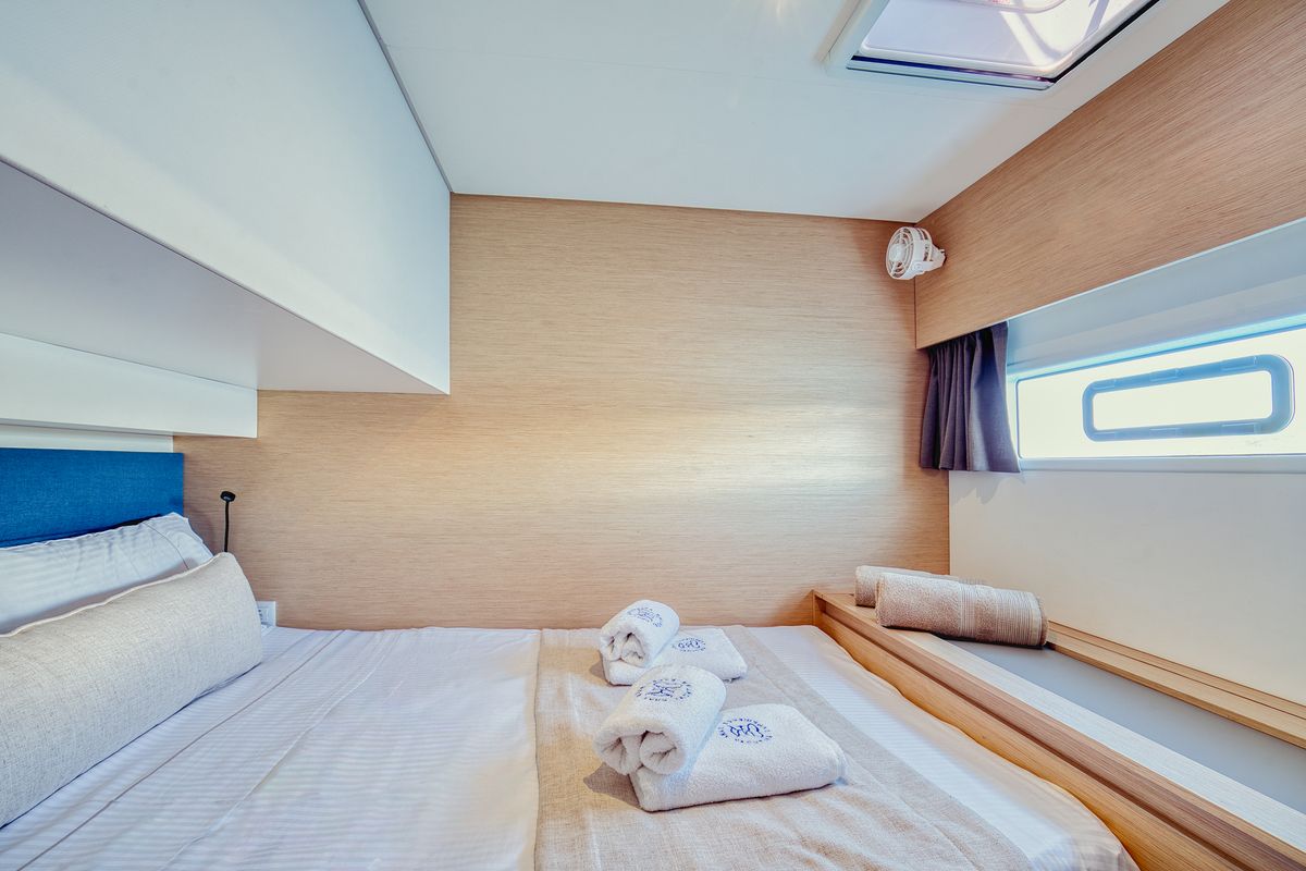 Cabin on Dione II, a Fountaine Pajot Aura 51 catamaran at Municipal Unit of Lefkada, Greece