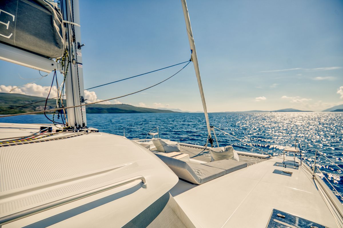 Deck of Dione II, a Fountaine Pajot Aura 51 catamaran at Municipal Unit of Lefkada, Greece