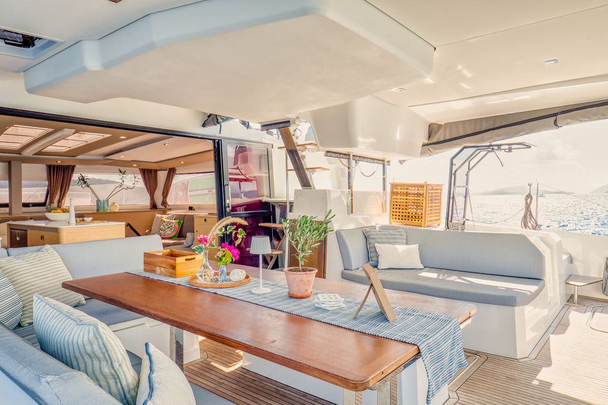 Deck of Dione II, a Fountaine Pajot Aura 51 catamaran at Municipal Unit of Lefkada, Greece