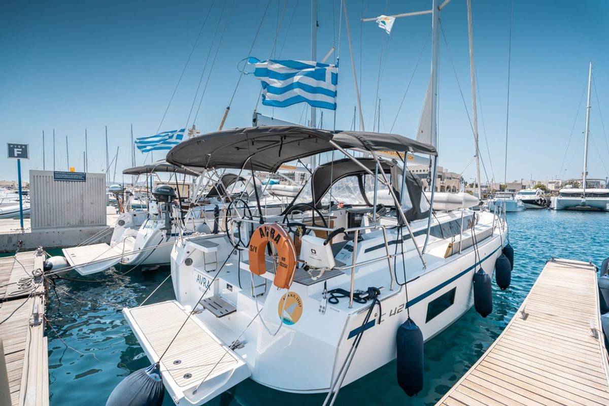 Cockpit of Avra, a Bavaria C42 sailboat at Municipal Unit of Rhodes, Greece