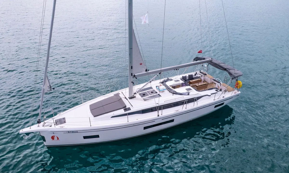 Exterior view of Kybele, a Bavaria C46 sailboat at Fethiye, Turkey