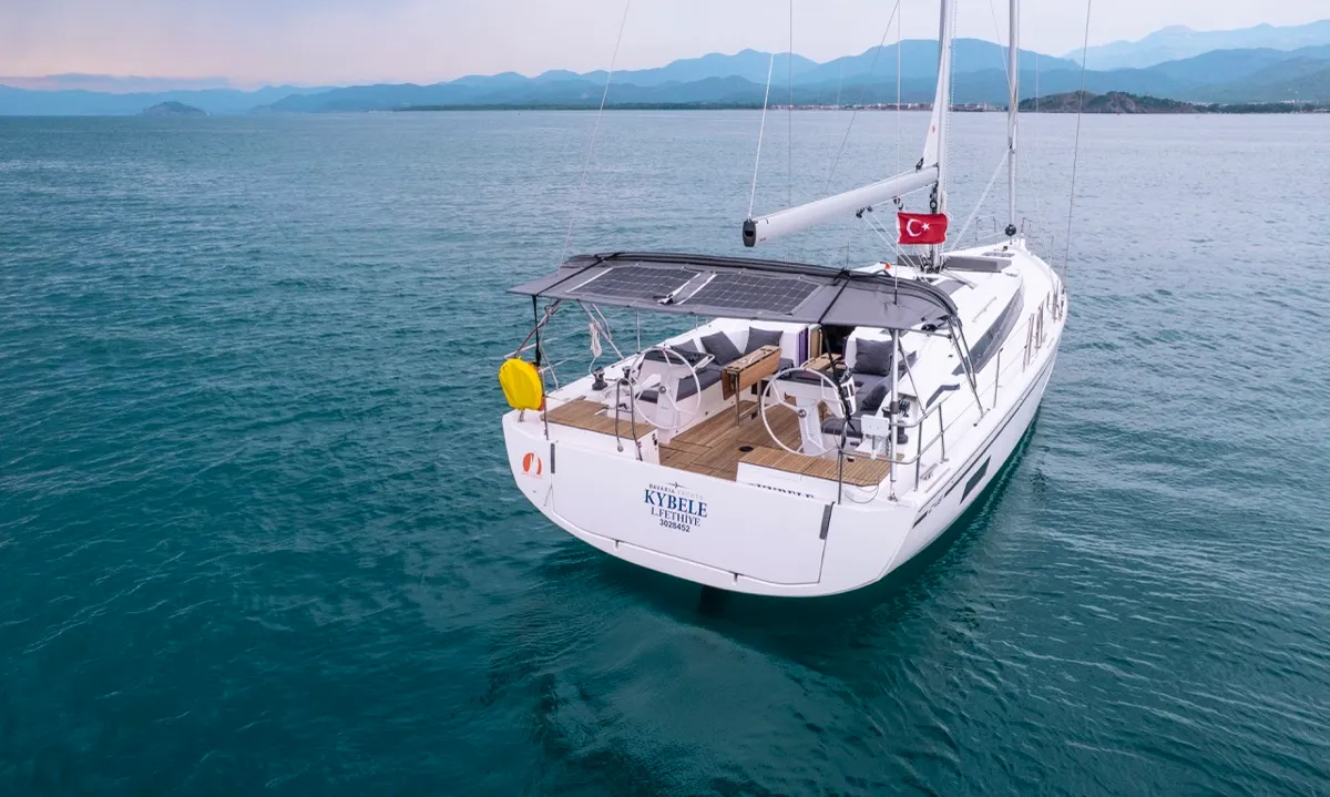 Exterior view of Kybele, a Bavaria C46 sailboat at Fethiye, Turkey