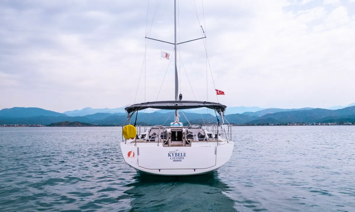 Exterior view of Kybele, a Bavaria C46 sailboat at Fethiye, Turkey