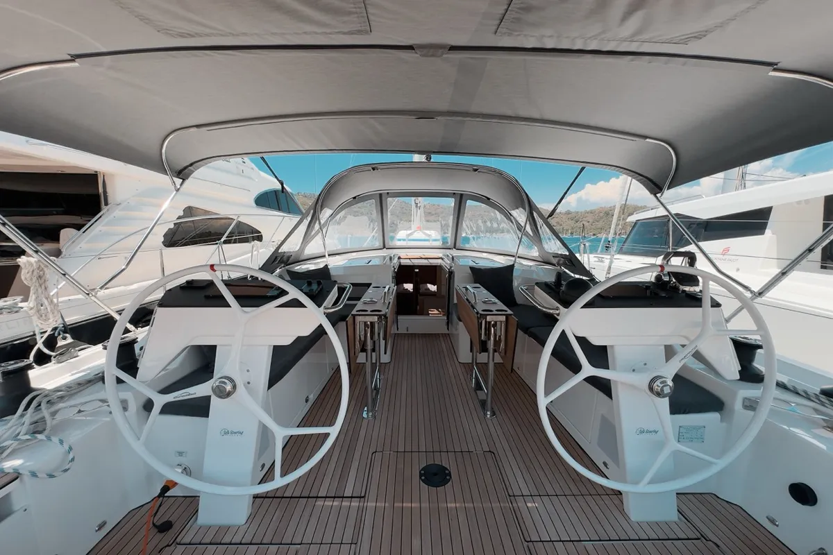 Cockpit of Kybele, a Bavaria C46 sailboat at Fethiye, Turkey