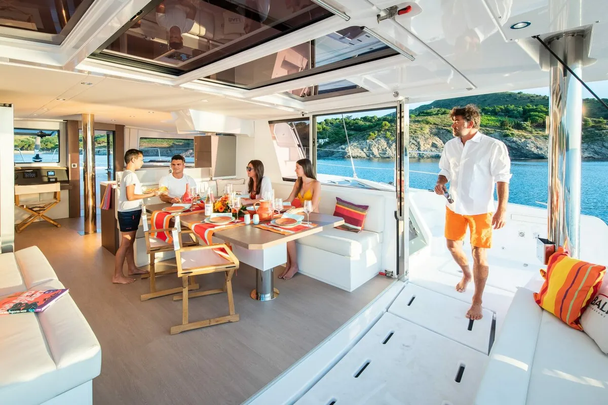 Salon of Eagle, a Bali 4.8 catamaran at Lavreotiki Municipal Unit, Greece