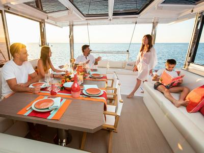 Salon of Eagle, a Bali 4.8 catamaran at Lavreotiki Municipal Unit, Greece