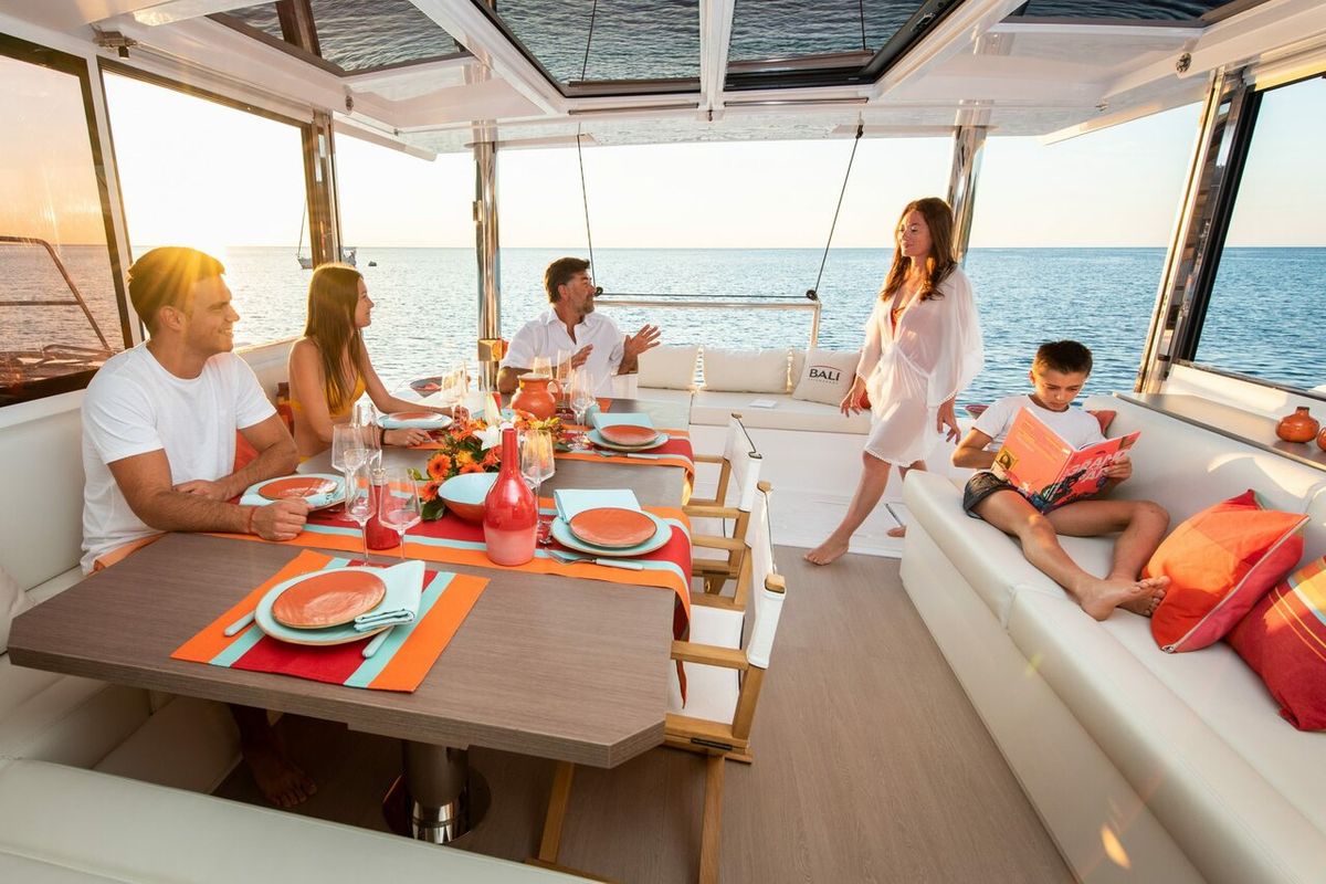 Salon of Eagle, a Bali 4.8 catamaran at Lavreotiki Municipal Unit, Greece