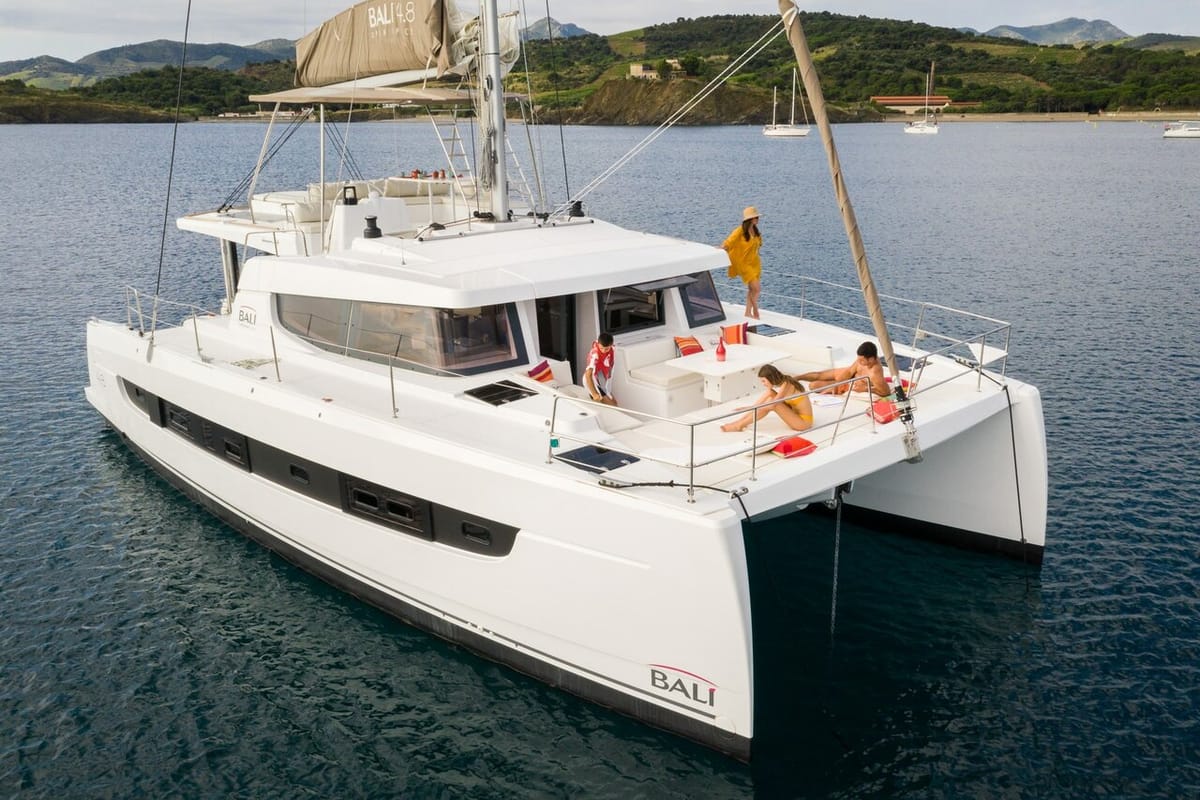 Exterior view of Eagle, a Bali 4.8 catamaran at Lavreotiki Municipal Unit, Greece