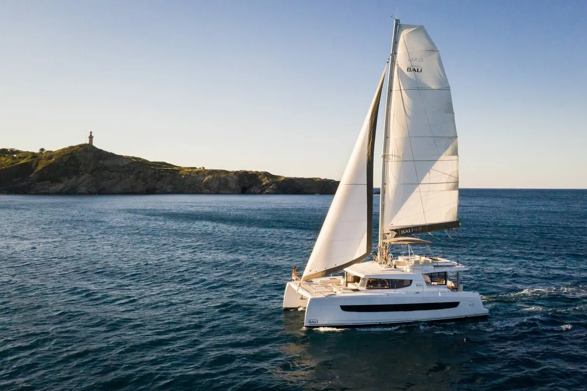 Exterior view of Eagle, a Bali 4.8 catamaran at Lavreotiki Municipal Unit, Greece