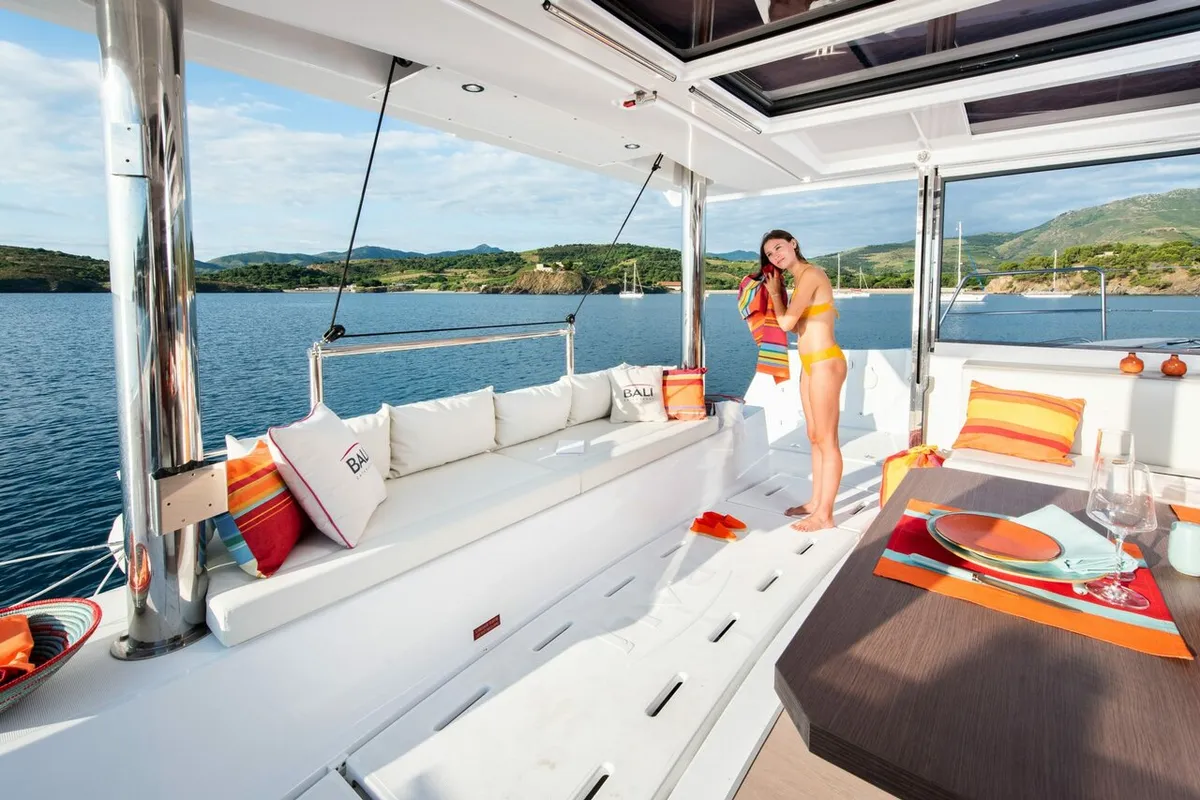 Deck of Eagle, a Bali 4.8 catamaran at Lavreotiki Municipal Unit, Greece