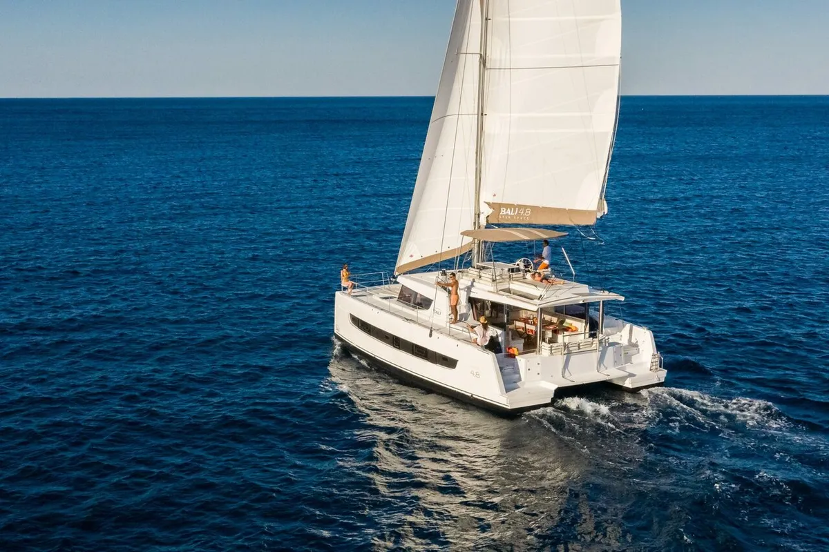 Exterior view of Eagle, a Bali 4.8 catamaran at Lavreotiki Municipal Unit, Greece