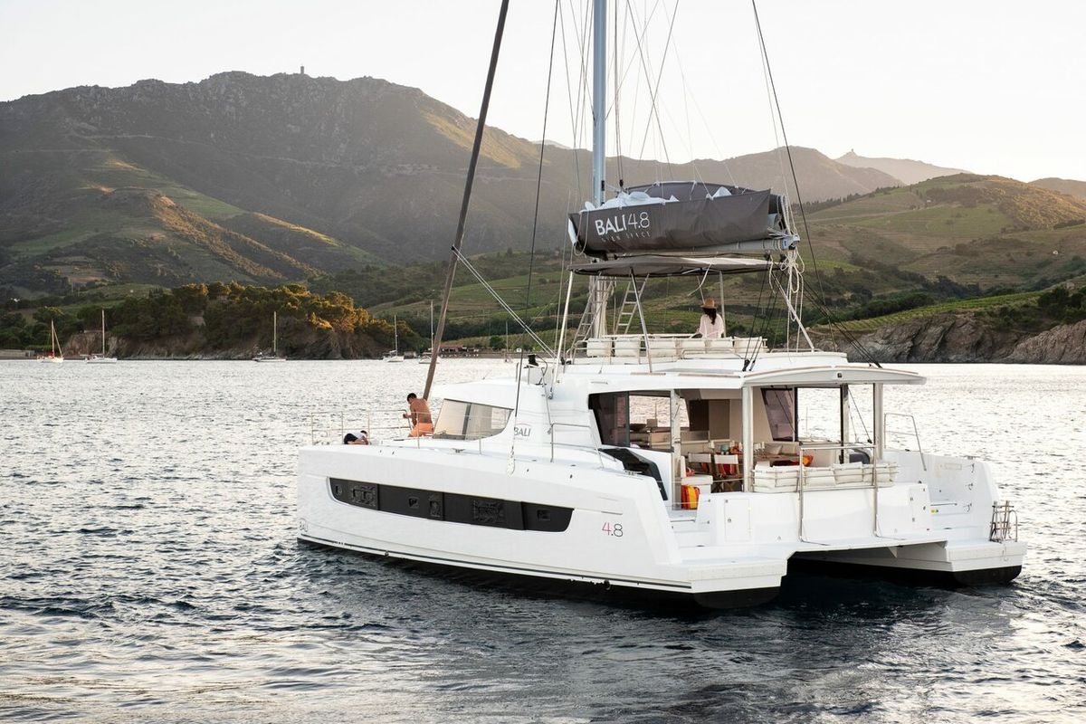 Exterior view of Eagle, a Bali 4.8 catamaran at Lavreotiki Municipal Unit, Greece