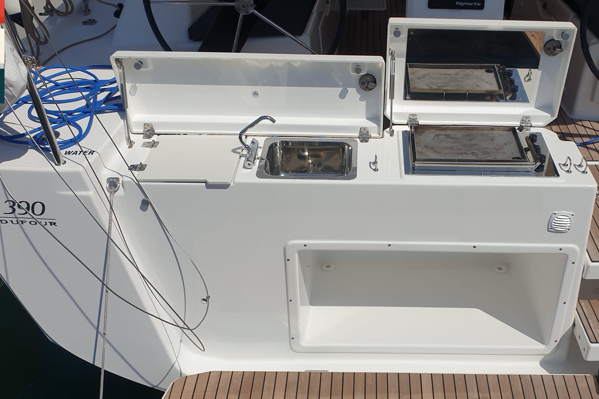 Deck of Klara, a Dufour 390 GL sailboat at Grad Kaštela, Croatia