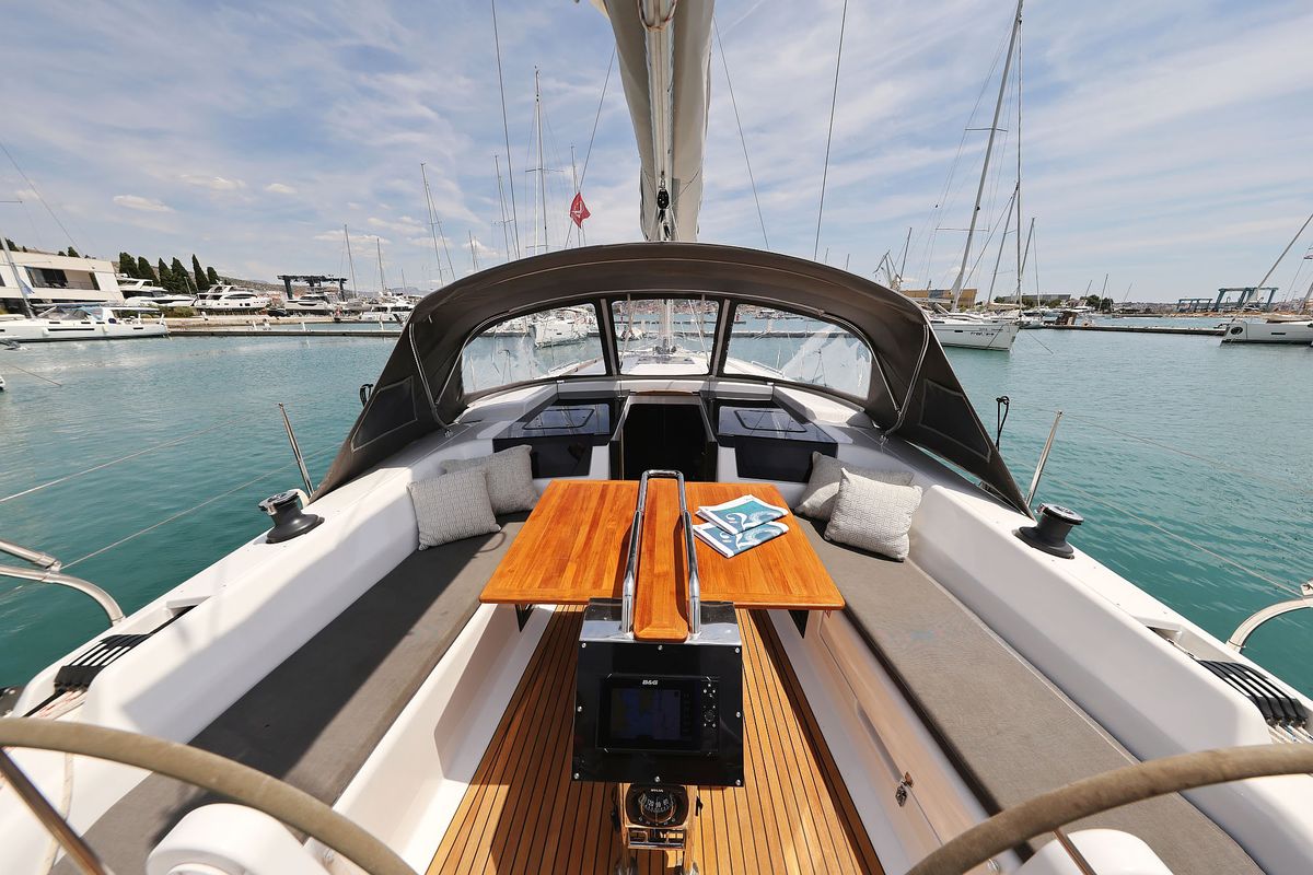 Deck of Teri, a Hanse Yachts Hanse 418 sailboat at Seget Donji, Croatia