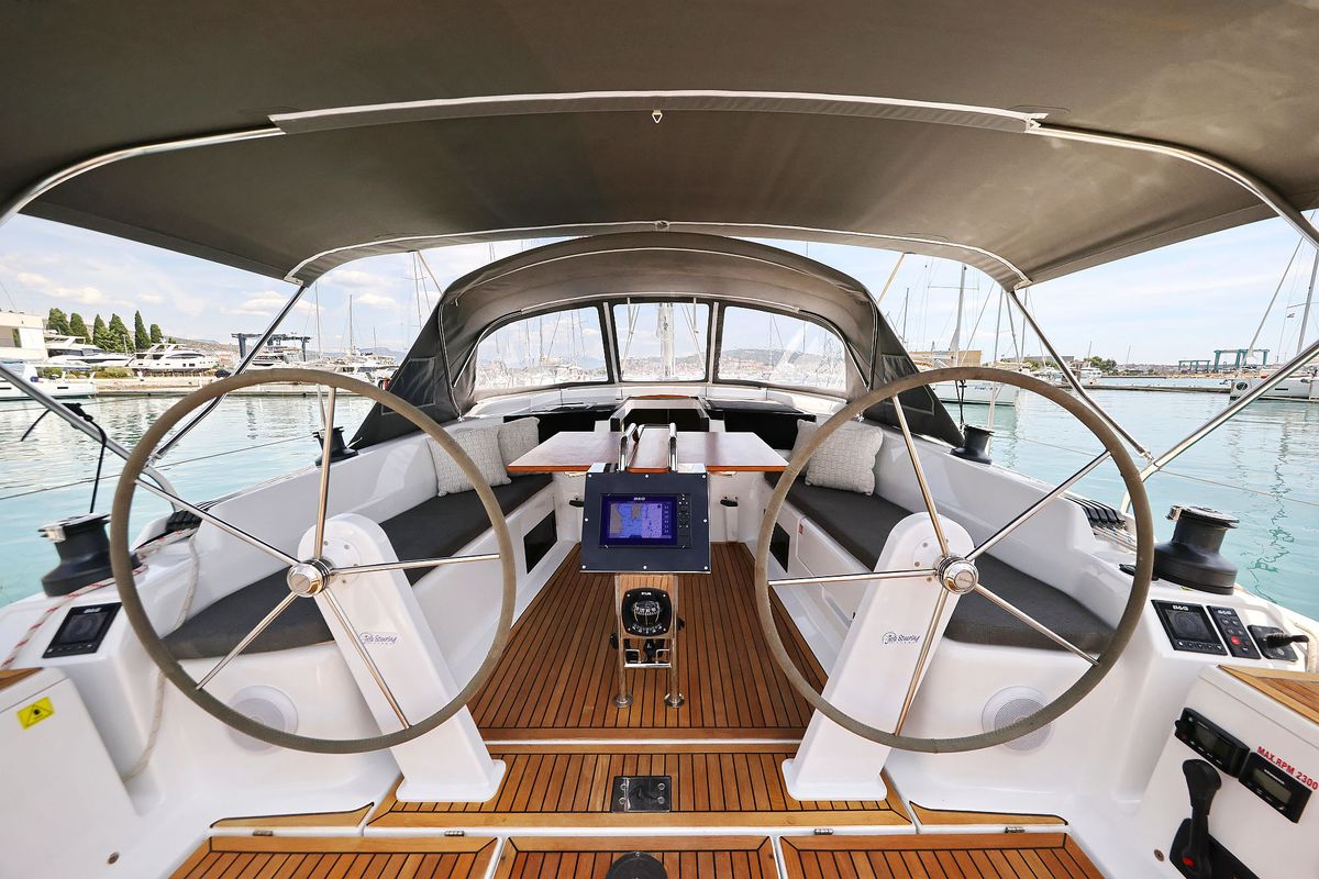 Cockpit of Teri, a Hanse Yachts Hanse 418 sailboat at Seget Donji, Croatia