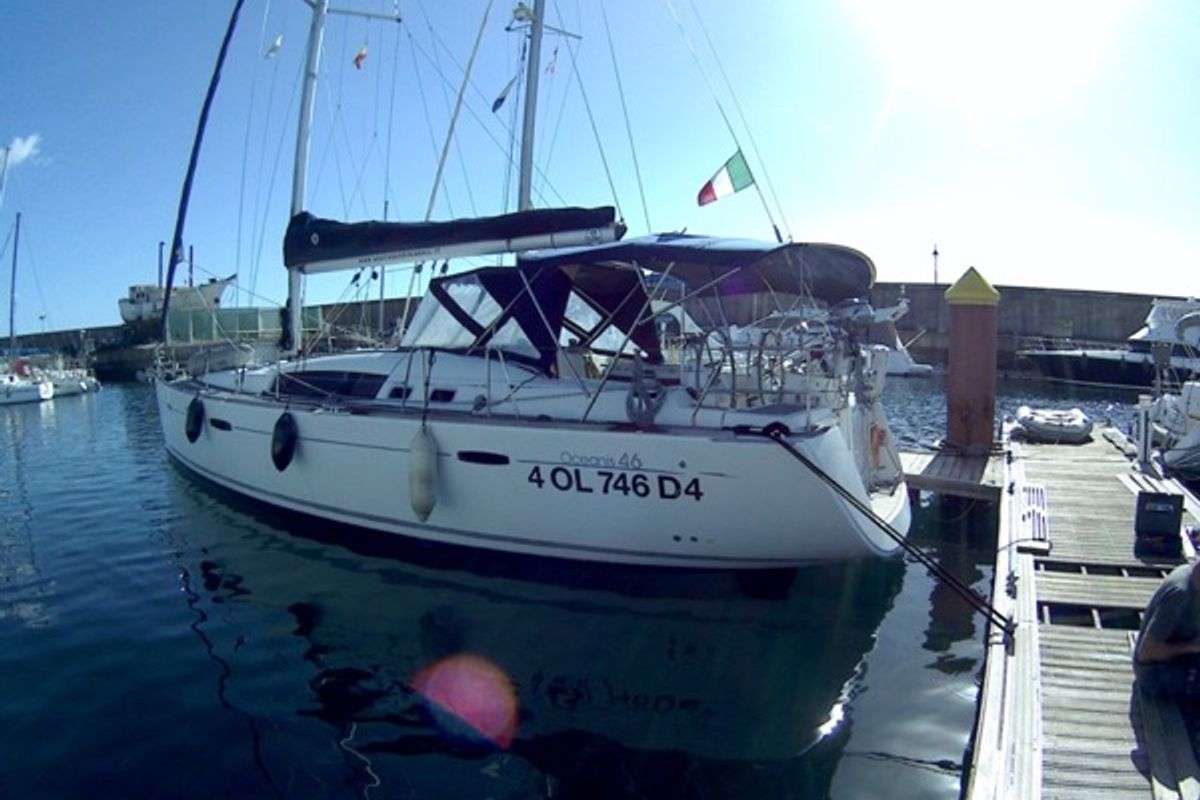 Exterior view of Shedir, a Beneteau Oceanis 46 sailboat at Olbia, Italy