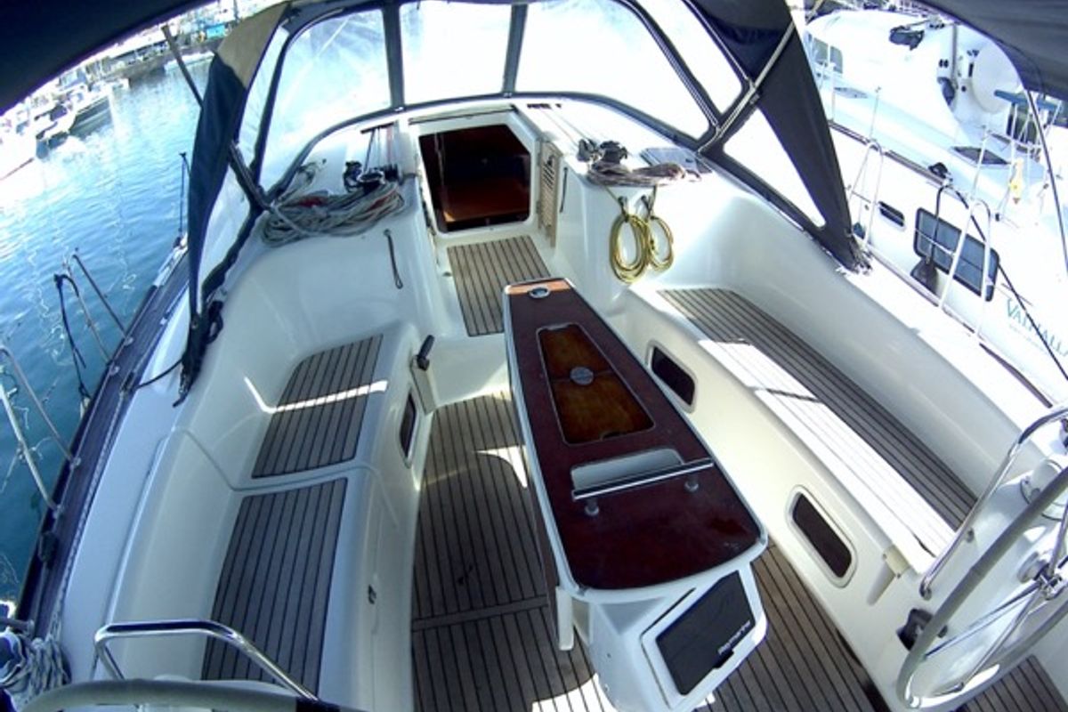 Deck of Shedir, a Beneteau Oceanis 46 sailboat at Olbia, Italy