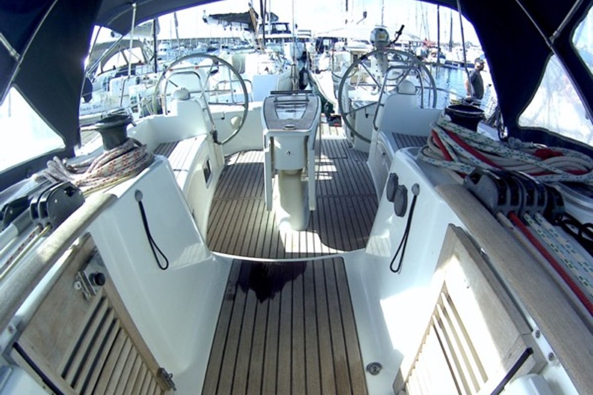 Cockpit of Shedir, a Beneteau Oceanis 46 sailboat at Olbia, Italy