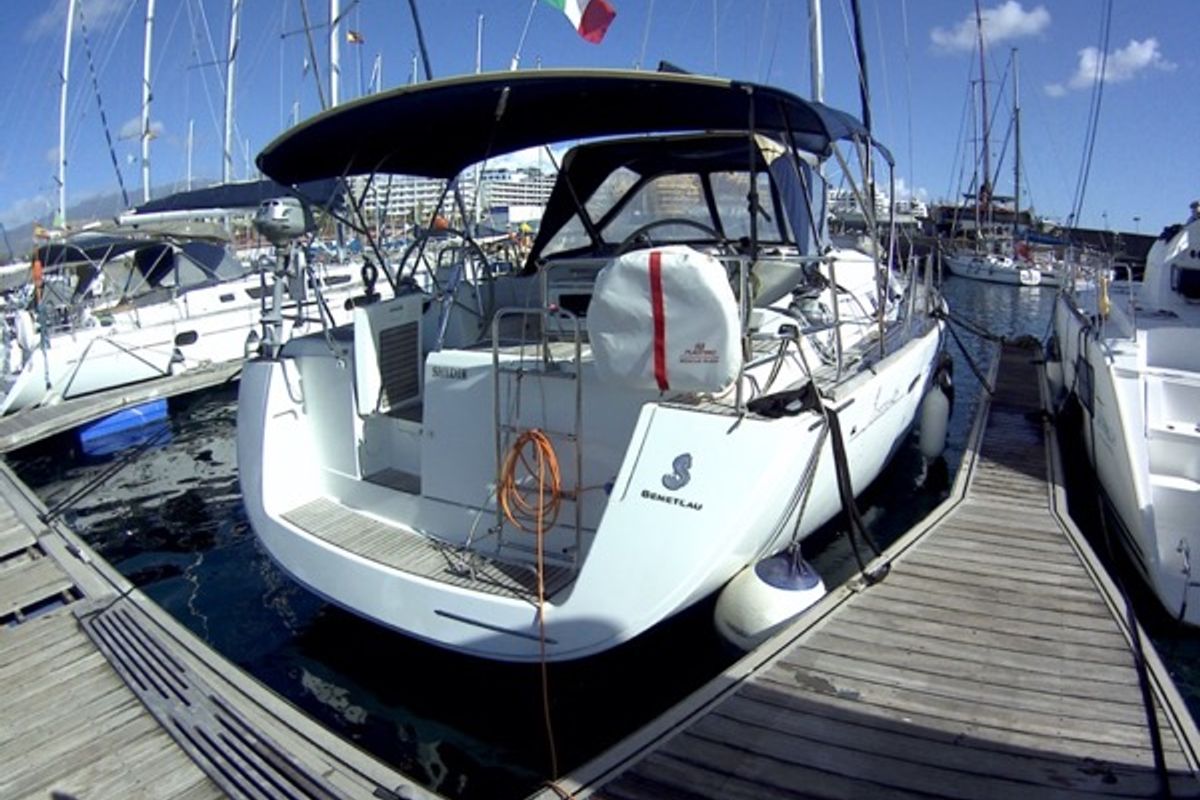 Exterior view of Shedir, a Beneteau Oceanis 46 sailboat at Olbia, Italy