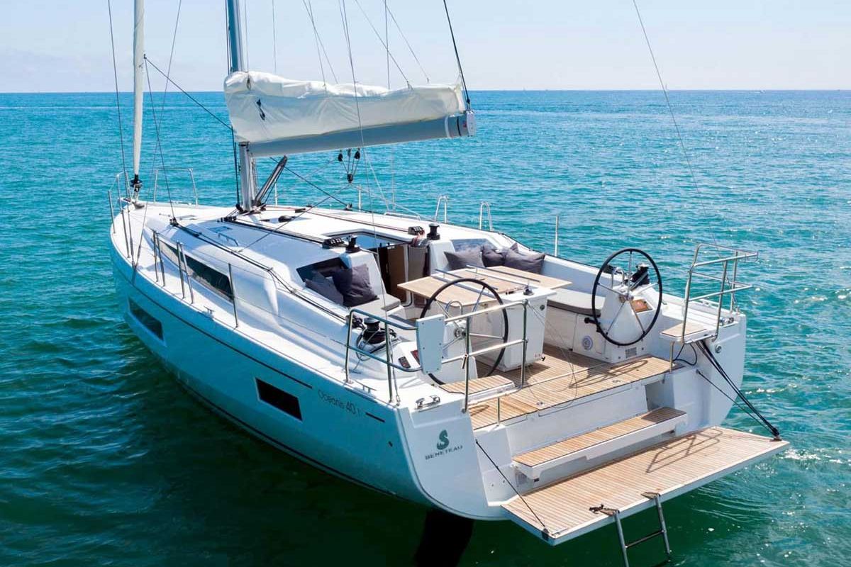 Exterior view of Just Wind, a Beneteau Oceanis 40.1 sailboat at Lagos, Portugal