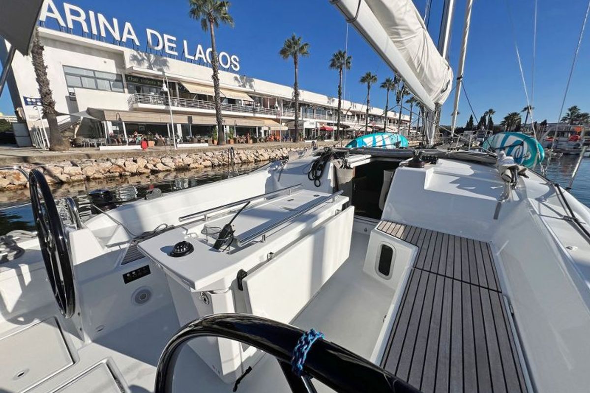 Cockpit of Just Wind, a Beneteau Oceanis 40.1 sailboat at Lagos, Portugal