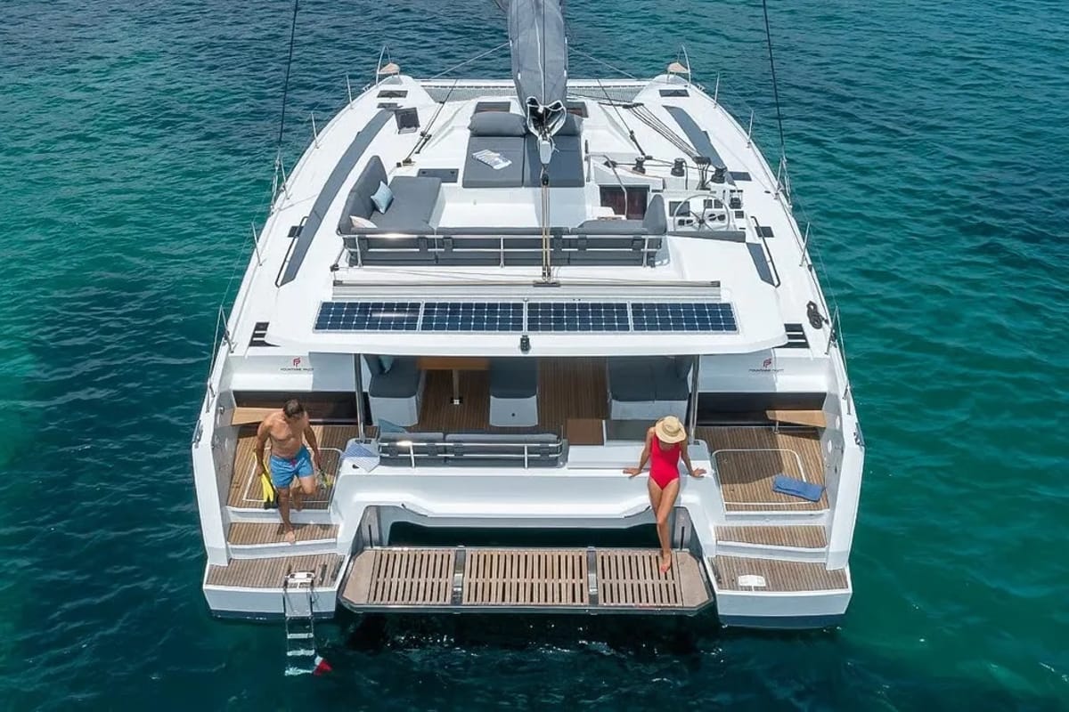 Exterior view of Sankalpa, a Fountaine Pajot Elba 45 catamaran at Cogolin, France