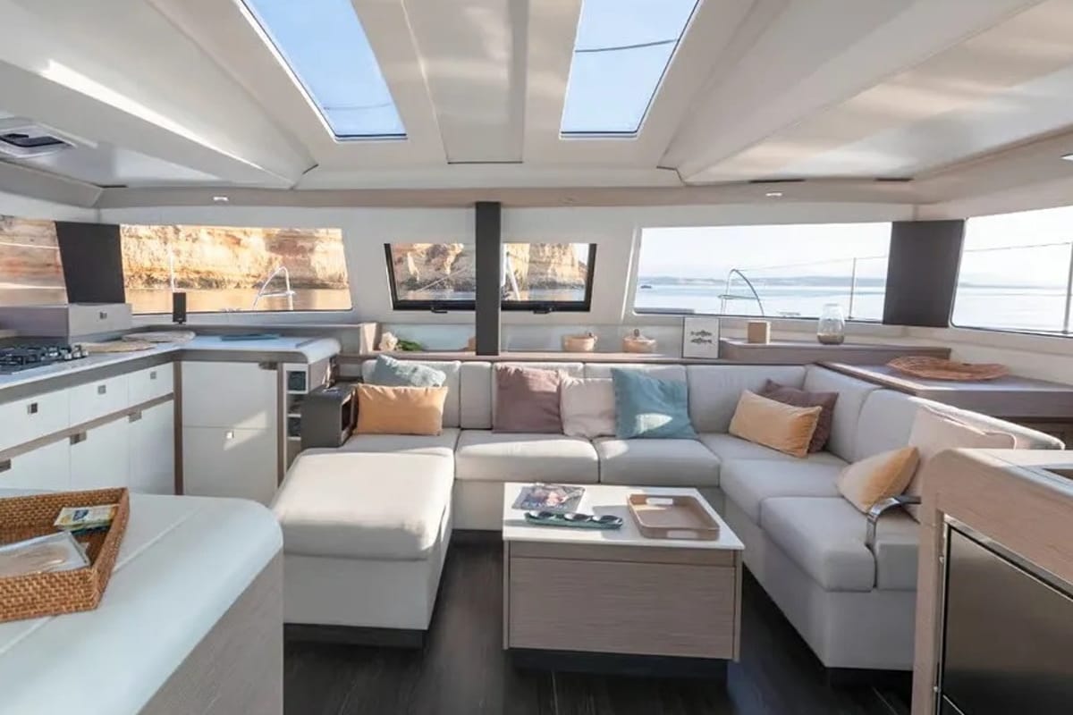 Salon of Sankalpa, a Fountaine Pajot Elba 45 catamaran at Cogolin, France