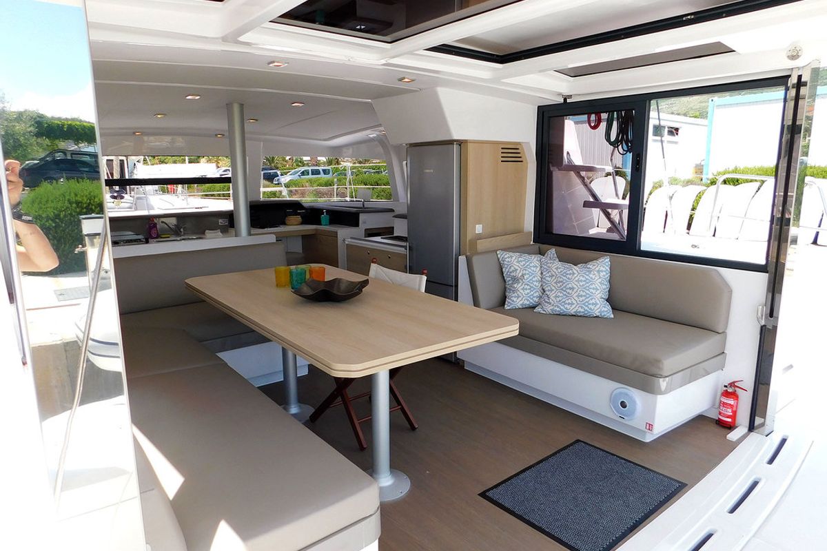 Salon of Kanalu, a Bali 4.1 catamaran at Grad Kaštela, Croatia