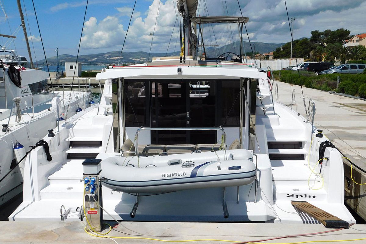 Deck of Kanalu, a Bali 4.1 catamaran at Grad Kaštela, Croatia