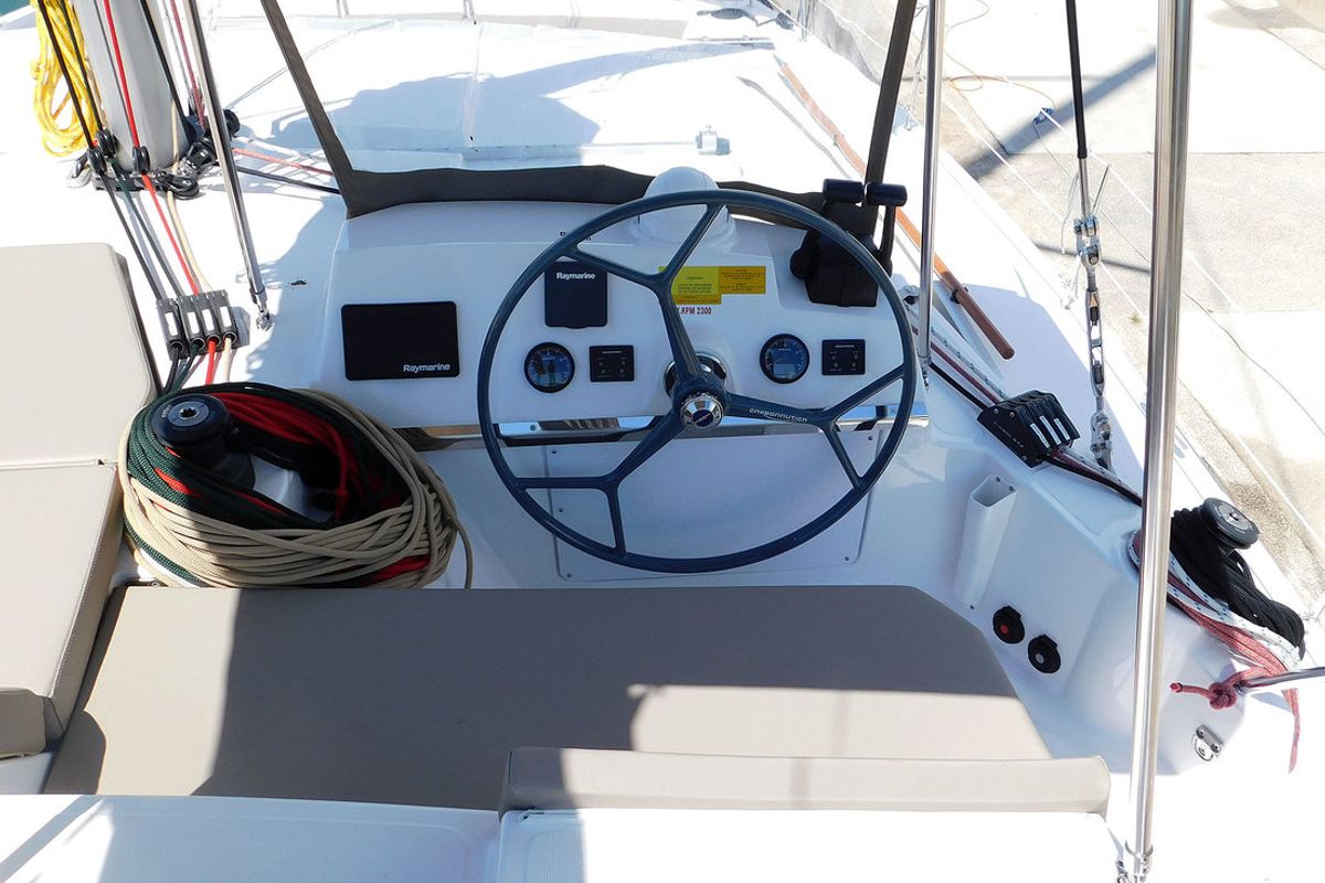 Cockpit of Kanalu, a Bali 4.1 catamaran at Grad Kaštela, Croatia