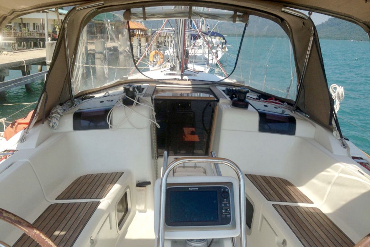 Cockpit of T-Punch, a Jeanneau Sun Odyssey 409 sailboat at Baan Salak Phet, Thailand