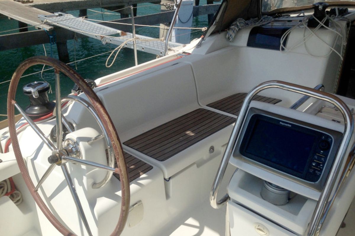 Cockpit of T-Punch, a Jeanneau Sun Odyssey 409 sailboat at Baan Salak Phet, Thailand