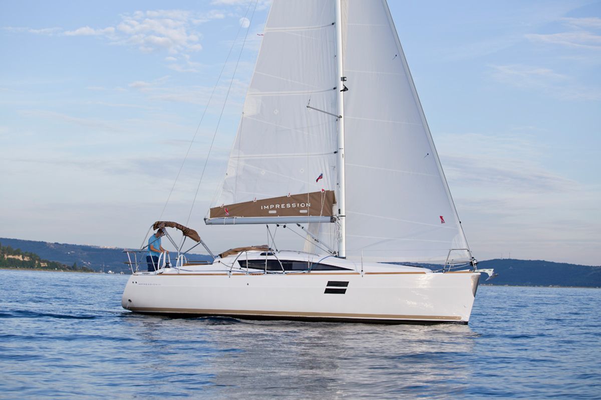 Exterior view of Tesa, a Elan Impression 35 sailboat at Grad Kaštela, Croatia
