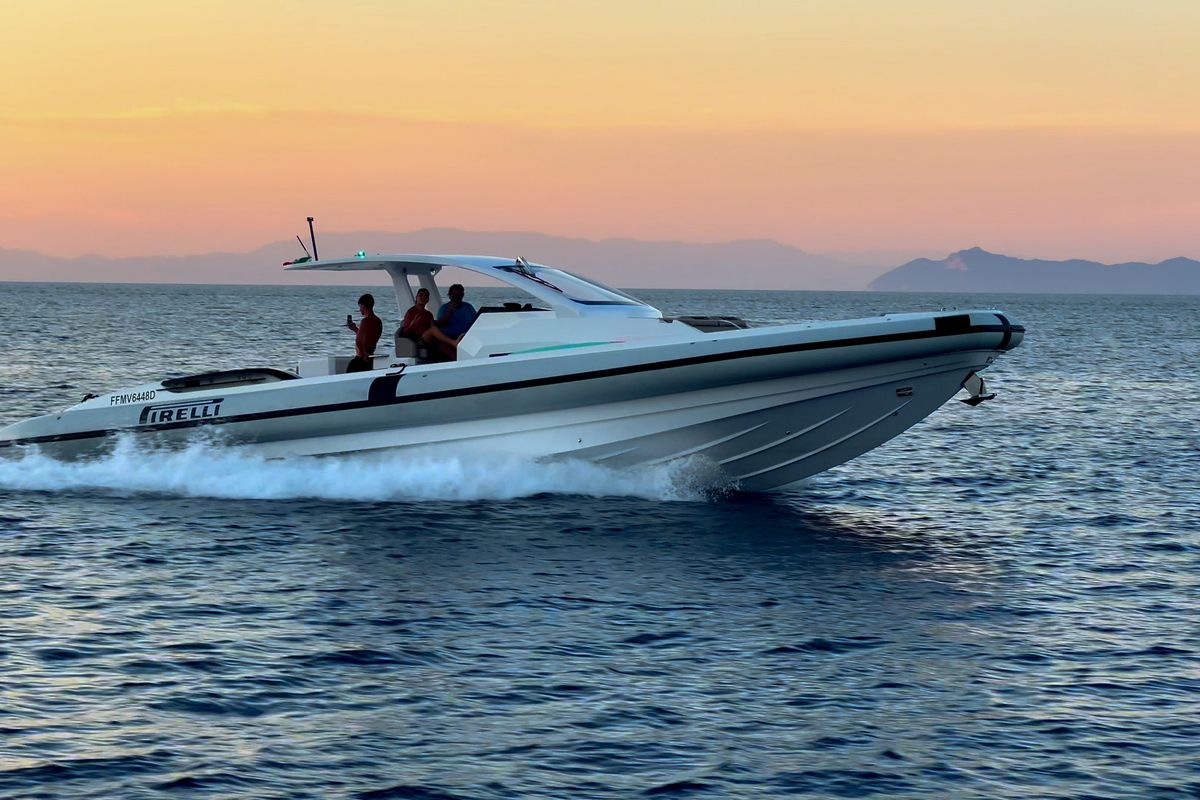 Exterior view of Mister Gio, a Pirelli 50 motorboat at Torre Annunziata, Italy