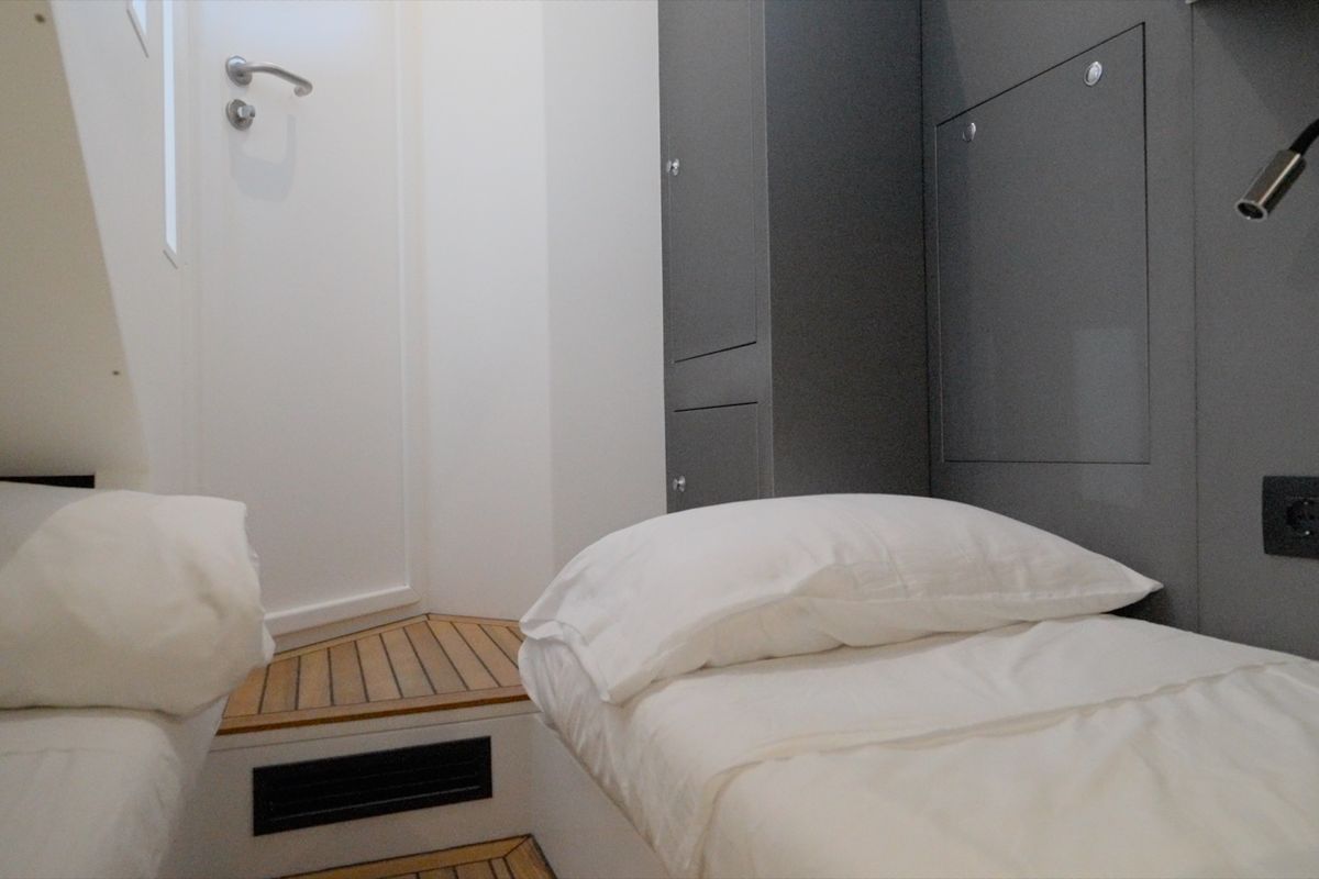 Cabin on Mister Gio, a Pirelli 50 motorboat at Torre Annunziata, Italy