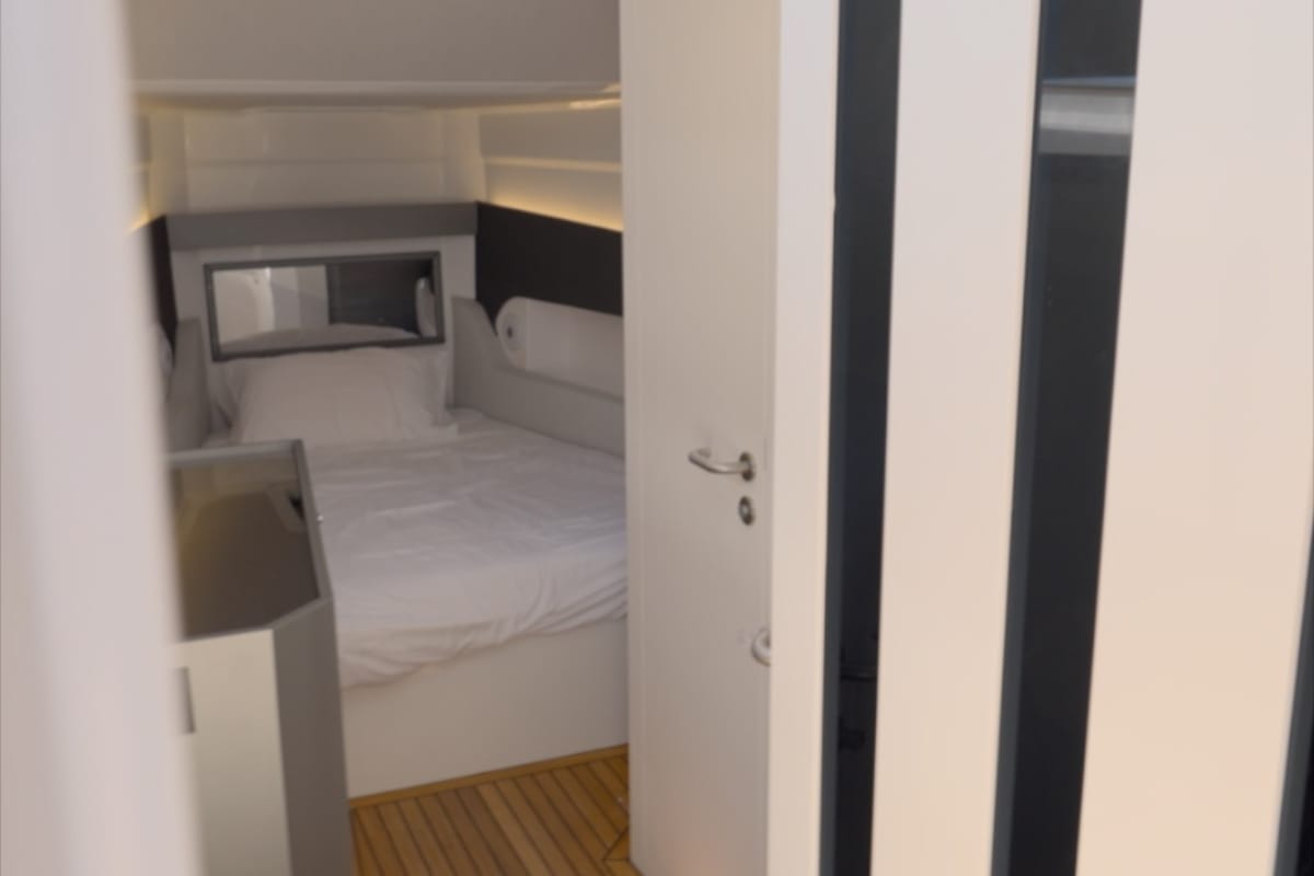 Cabin on Mister Gio, a Pirelli 50 motorboat at Torre Annunziata, Italy
