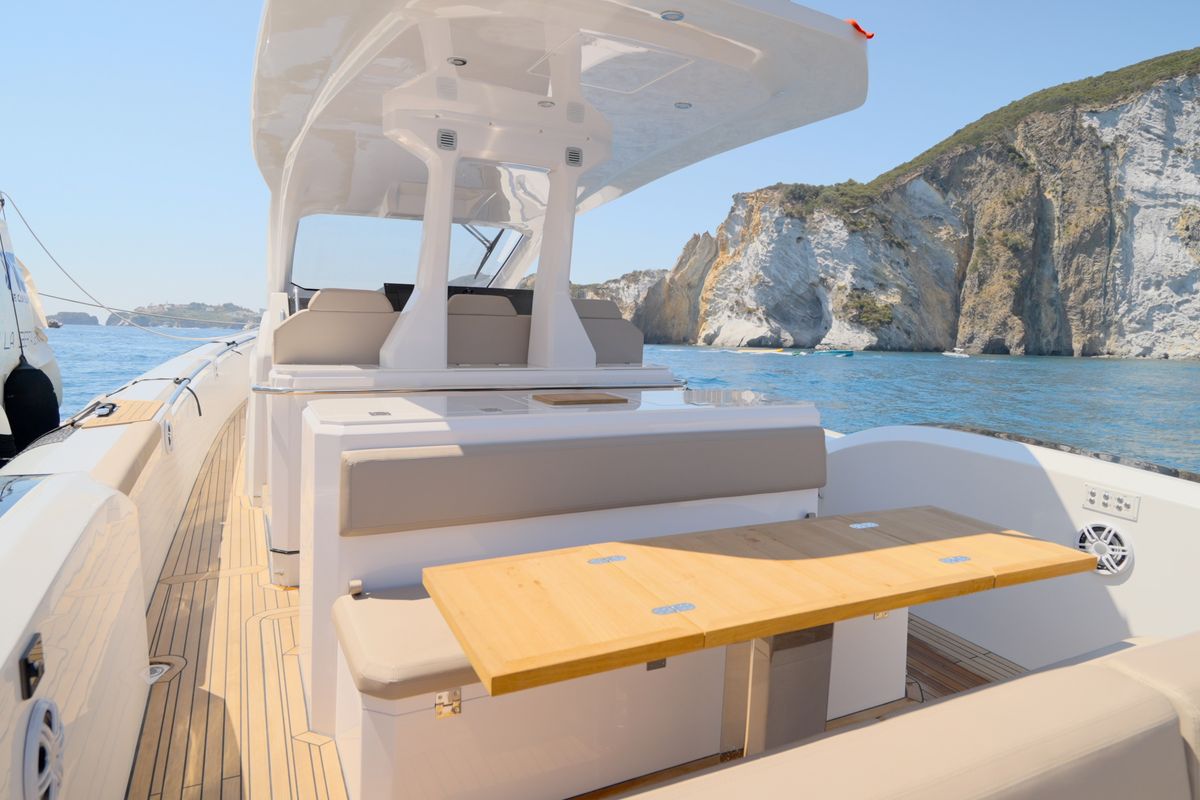 Deck of Mister Gio, a Pirelli 50 motorboat at Torre Annunziata, Italy