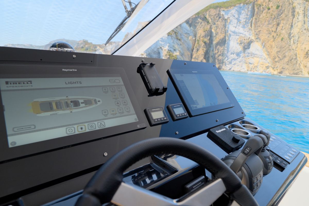 Cabin on Mister Gio, a Pirelli 50 motorboat at Torre Annunziata, Italy