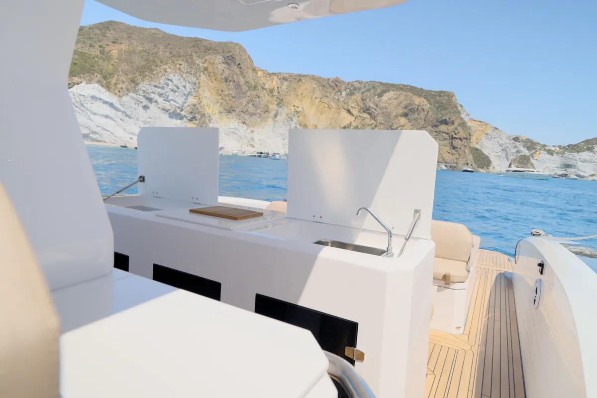 Cabin on Mister Gio, a Pirelli 50 motorboat at Torre Annunziata, Italy