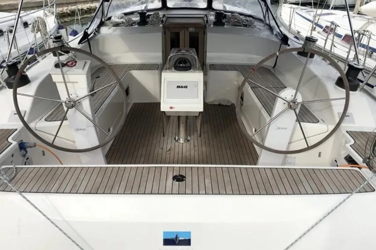 Cockpit of Windseeker S, a Bavaria 51 Cruiser sailboat at Salamina Municipal Unit, Greece