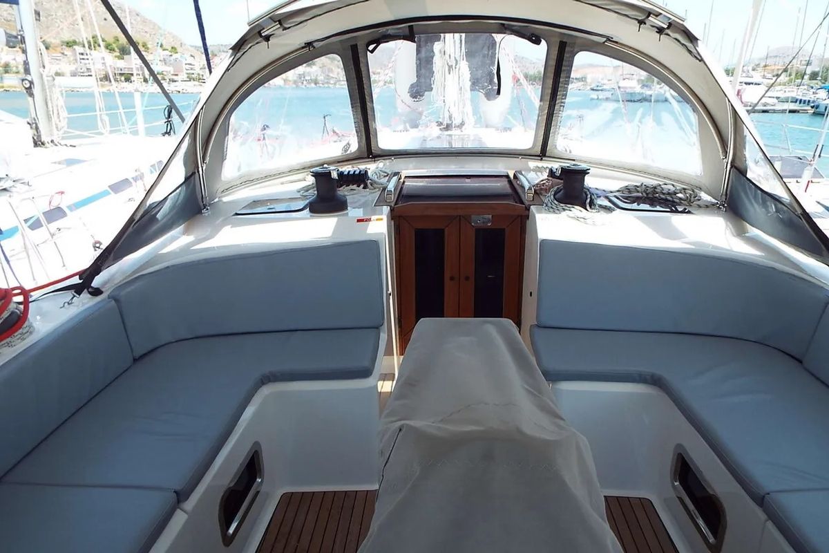 Deck of Windseeker S, a Bavaria 51 Cruiser sailboat at Salamina Municipal Unit, Greece