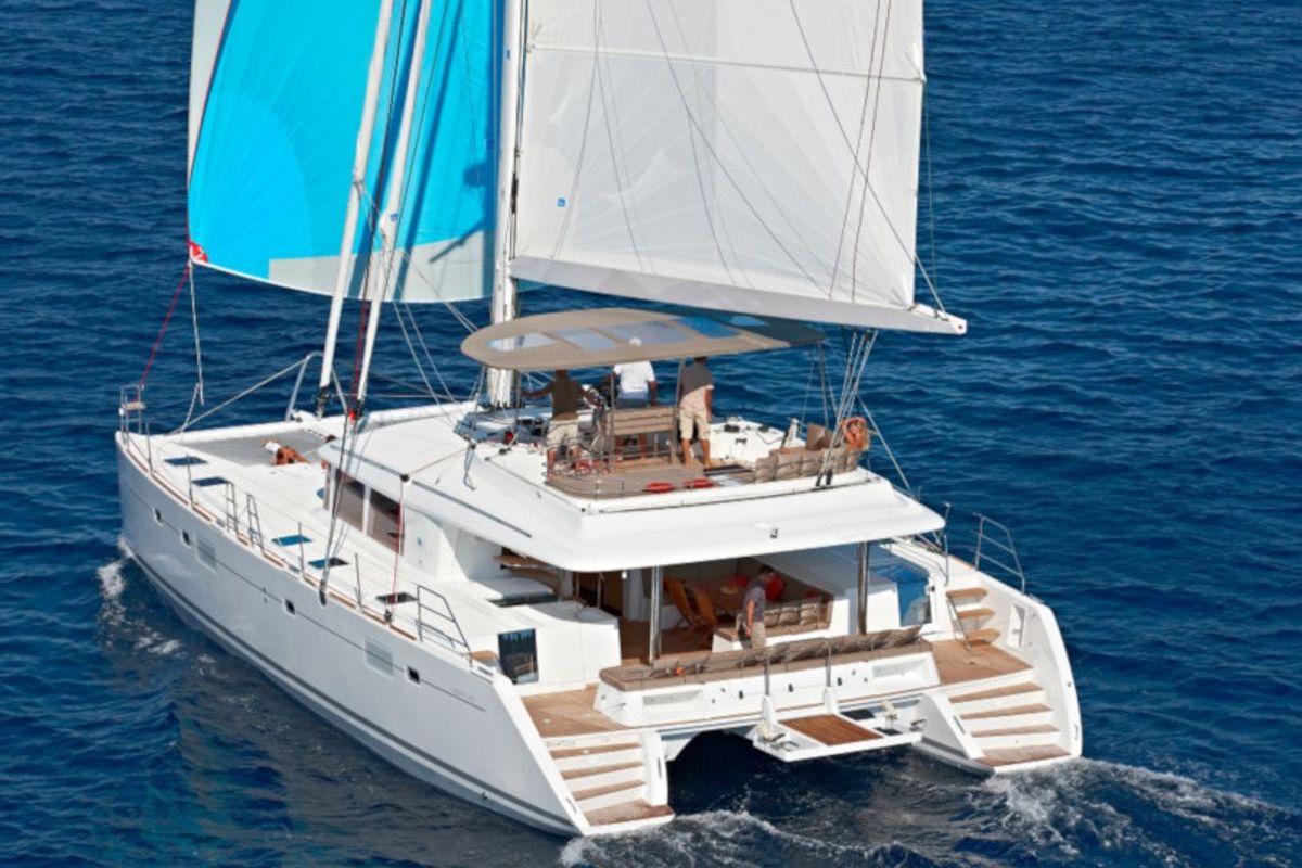 Cockpit of Daddy's Hobby, a Lagoon 560 catamaran at Lavreotiki Municipal Unit, Greece