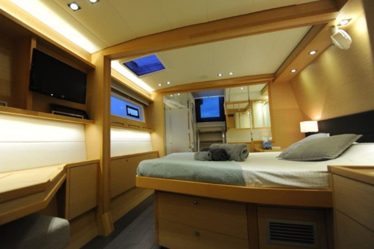 Cabin on Daddy's Hobby, a Lagoon 560 catamaran at Lavreotiki Municipal Unit, Greece
