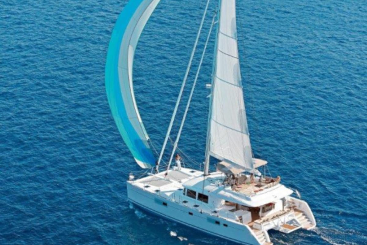 Exterior view of Daddy's Hobby, a Lagoon 560 catamaran at Lavreotiki Municipal Unit, Greece