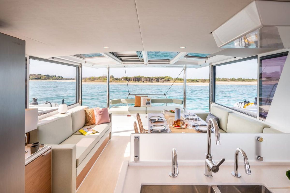 Salon of Premium +, a Bali 4.6 catamaran at Sant Antoni de Portmany, Spain
